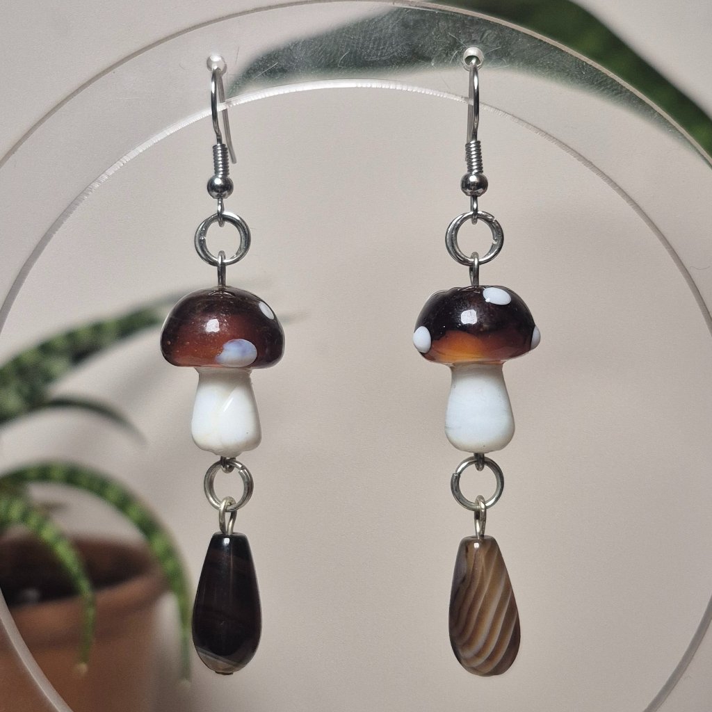 Brown Vein Agate Mushroom Dangles